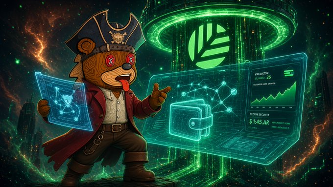 A cartoon bear pirate wearing an "X" emblem hat stands before a glowing green holographic dashboard displaying "$1.45 AR" and "VALIDATOR COUNT 26," visually reinforcing Canopy Network's messaging about built-in wallets and explorers that make launching a blockchain chain easier by eliminating third-party tool dependencies.