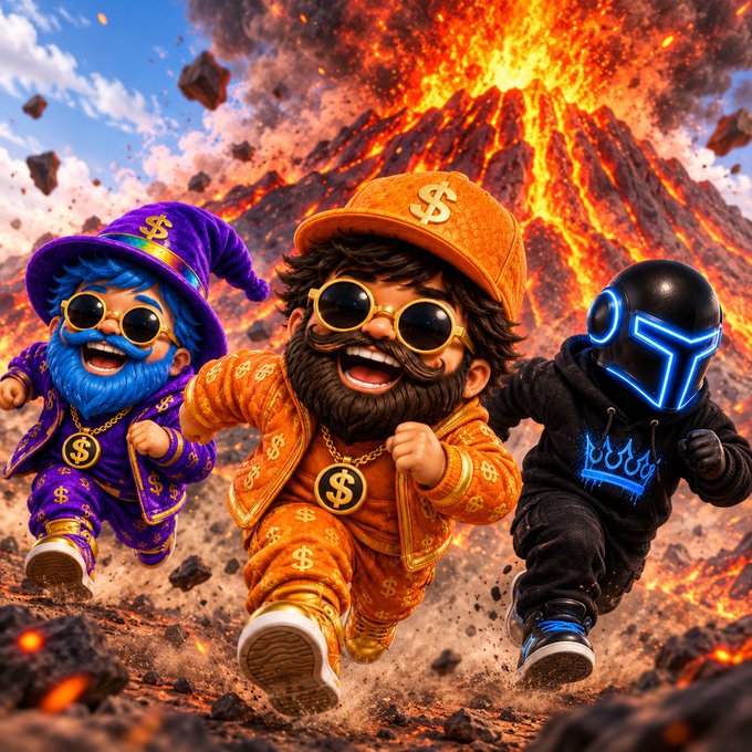 An AI-generated image shows three cartoon characters—a wizard, a man in dollar-sign attire, and a helmeted figure—running away from an erupting volcano.
