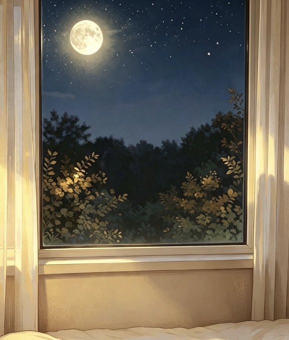 An illustrated scene of a window view at night, showing a large full moon and stars over silhouetted trees and foliage, framed by cream-colored curtains with warm light filtering in.