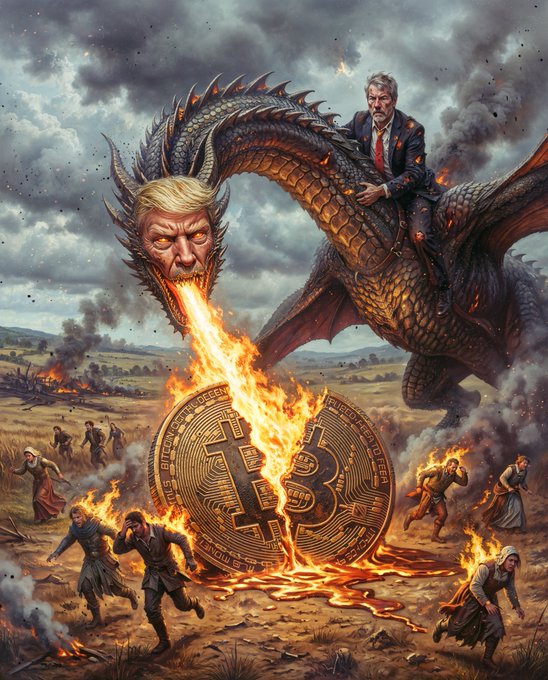 A fantasy illustration depicting Donald Trump riding a dragon that breathes fire onto a giant Bitcoin coin while people run in panic across a scorched battlefield.