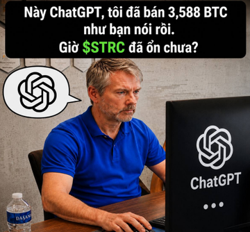 A meme featuring a man in a blue shirt sitting at a computer with ChatGPT logos, with Vietnamese text reading 'Này ChatGPT, tôi đã bán 3,588 BTC như bạn nói rồi. Giờ $STRC đã ổn chưa?'
