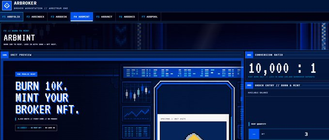 A dark-themed cryptocurrency interface titled 'ARBROKER' features an 'ARBMINT' section promoting 'BURN 10K. MINT YOUR BROKER NFT.' with a conversion ratio of 10,000:1 displayed.