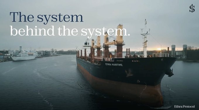 An advertisement image shows a large cargo ship labeled 'ETHRA MARITIME' sailing on water, with the overlaid text 'The system behind the system.' and the 'Ethra Protocol' logo.