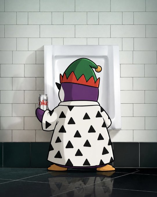 An animated illustration of a penguin character wearing a green elf hat and a white coat with black triangles, standing at a urinal while holding a can of Coke.