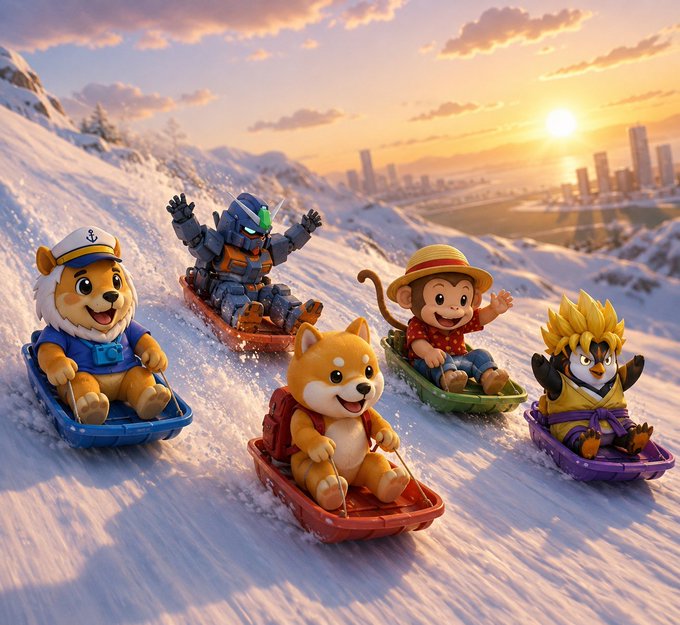 A whimsical 3D-rendered scene of anthropomorphic characters—a sailor dog, a Gundam-like robot, a Shiba Inu, a monkey in a straw hat, and a penguin—sledding down a snowy hill with a cityscape and sunset in the background.