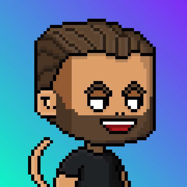 A pixel art avatar of a bearded man with brown hair waving cheerfully, set against a blue gradient background, likely depicting the "honorary NFT" created to celebrate the DeFi head's contributions at Robinhood. The image serves as a digital collectible tribute, with its stylized retro aesthetic fitting the playful, meme-like tone of the congratulatory post about jungle DeFi expansion.