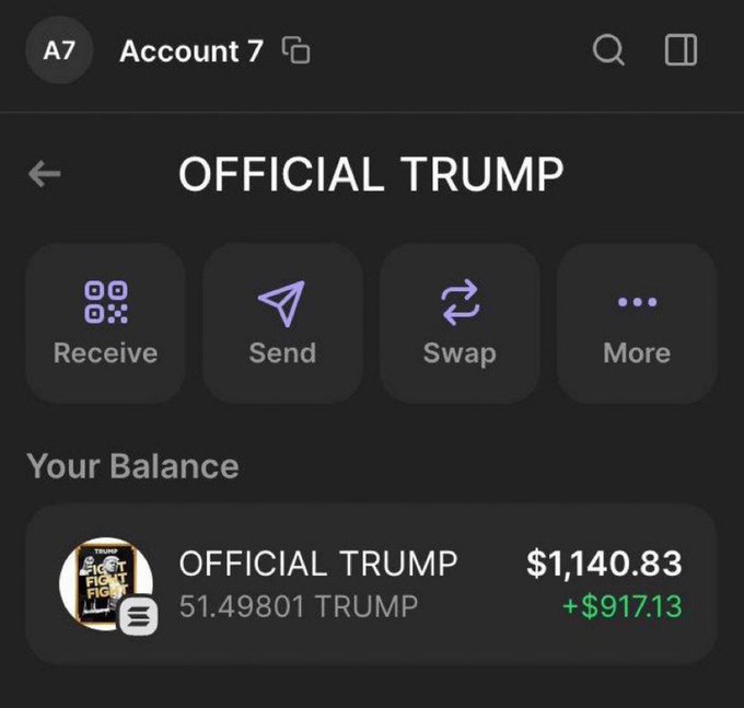 A crypto wallet labeled "Account 7" displays a balance of 51.49801 OFFICIAL TRUMP tokens valued at $1,140.83, showing a gain of +$917.13. The screenshot relates to the post by showcasing a wallet holding over the $1,000 worth of $TRUMP tokens promised in the giveaway.