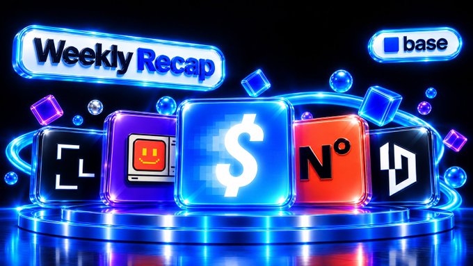 A 3D-rendered graphic titled 'Weekly Recap' featuring the Coinbase 'base' logo and glowing blue cubes displaying icons for crypto platforms including a pixelated dollar sign, 'N°', and other blockchain symbols.