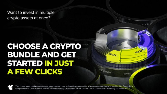 A dark promotional graphic from Whitebit featuring stacked cylindrical camera-lens-like objects with crypto tickers (BTC, XRP, SOL, WBT) visible, advertising their Crypto Bundles feature with the headline "CHOOSE A CRYPTO BUNDLE AND GET STARTED IN JUST A FEW CLICKS." The image reinforces the post's message by visually showcasing the ability to invest in multiple crypto assets simultaneously through pre-made bundles.