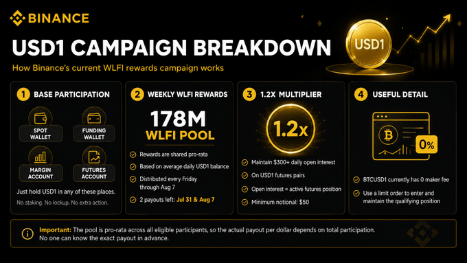 The image is a Binance infographic titled "USD1 CAMPAIGN BREAKDOWN" outlining the mechanics of their current WLFI rewards campaign in four steps: (1) Base Participation via spot, funding, margin, or futures wallets with no staking or lockup, (2) a 178M WLFI weekly pool distributed pro-rata every Friday based on average daily USD1 balances, (3) a 1.2x multiplier on USD1 futures pairs for those maintaining $300+ daily open interest, and (4) a useful detail noting that BTCUSDT currently has 0% maker fee and uses a limit order qualifier.