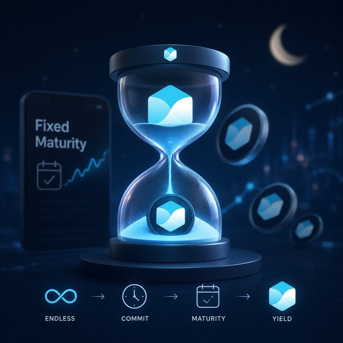 A digital graphic illustrating a cryptocurrency fixed maturity product with an hourglass, showing the flow: Endless → Commit → Maturity → Yield, alongside a 'Fixed Maturity' label and chart.