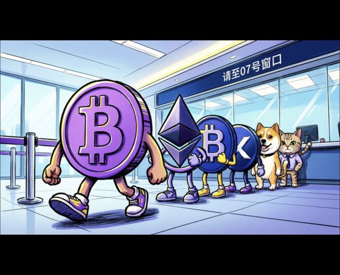 A colorful cartoon illustration of cryptocurrency mascots (Bitcoin, Ethereum, another Bitcoin, a token, Dogecoin, and a cat) standing in line at a counter with Chinese signage reading '请至07号窗口' (Please go to window No. 7).
