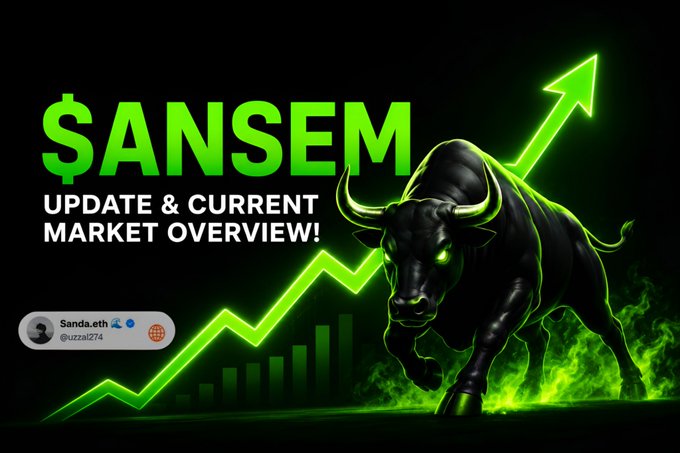 A promotional graphic featuring a black bull with green glowing eyes and an upward arrow, with text reading '$ANSEM UPDATE & CURRENT MARKET OVERVIEW!' and a tag for user '@uzzai274'.