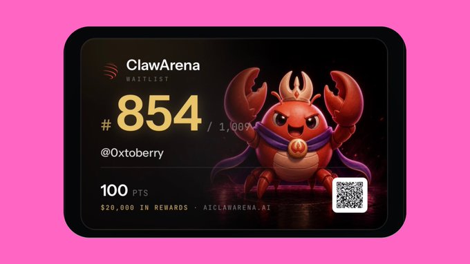 A waitlist card for 'ClawArena' displays rank '#854 / 1,000' for user '@0xtoberry' with '100 PTS' and features a 3D illustration of a red crab character.