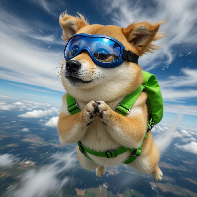 The image features a dog wearing goggles, which are blue, flying through the air with its paws outstretched as if it's parachuting or skydiving. The dog has a green backpack attached to its back, adding an element of adventure to the scene. The background shows a sky filled with clouds and trees below, creating a sense of depth in the image. The caption at the bottom of the photo reads "It's go time $SHIBU @ShibuCoinSolana".