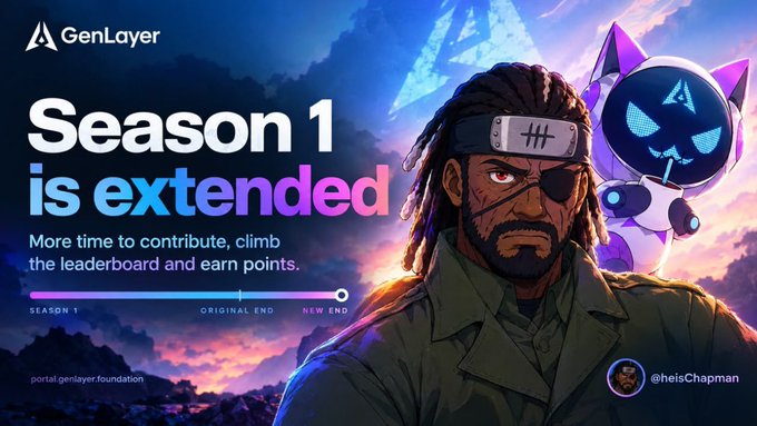 A promotional banner for 'GenLayer' announcing 'Season 1 is extended,' featuring an anime-style character with dreadlocks alongside a purple robotic cat character.