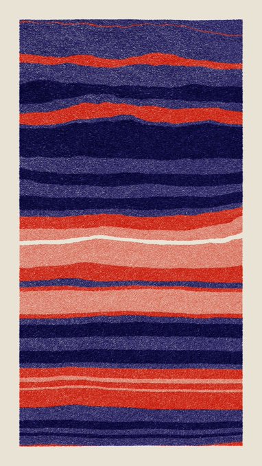 Abstract textured artwork featuring horizontal wavy stripes in navy blue, red, and pink colors on a beige background.