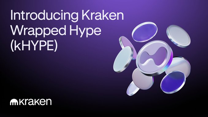 A Kraken promotional graphic with a dark purple gradient background announces "Introducing Kraken Wrapped Hype (kHYPE)" in white text on the left, alongside the Kraken logo at the bottom. On the right, a cluster of glossy 3D coins and discs—some featuring Kraken's octopus-like emblem—visually represents the new wrapped token product, directly illustrating the CEX's kHYPE launch referenced in the post.