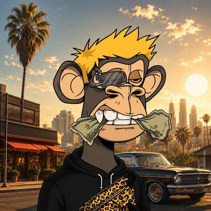 A digital illustration of a cartoon monkey character with yellow spiky hair wearing sunglasses and a black hoodie, biting on cash with a Los Angeles cityscape and vintage car in the background.