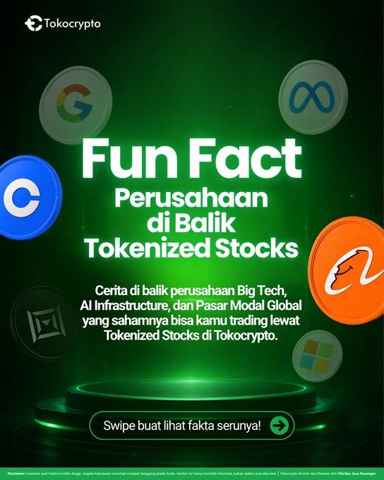 A green-themed Tokocrypto promotional graphic titled "Fun Fact: Perusahaan di Balik Tokenized Stocks" features floating icons of major companies including Google, Meta, Coinbase, Microsoft, Mastercard, and an orange logo, along with text inviting users to swipe for facts about Big Tech, AI Infrastructure, and Global Capital Markets available for trading through tokenized stocks on Tokocrypto.