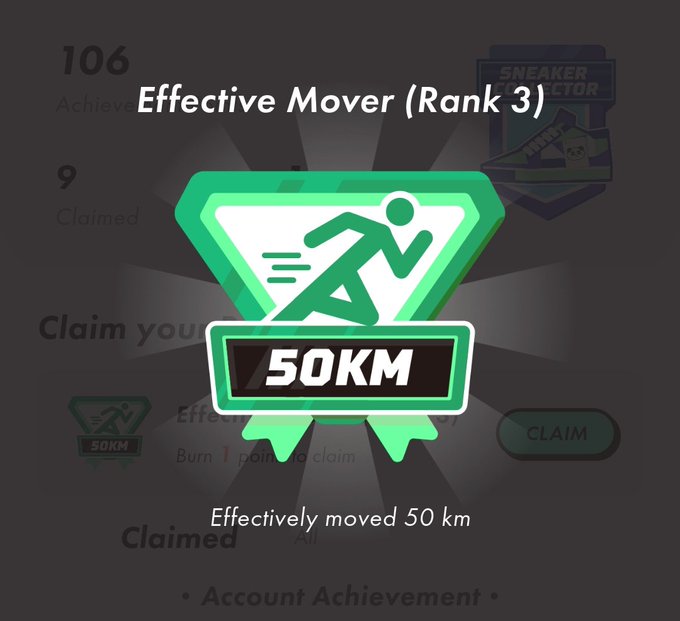 An achievement badge screen titled 'Effective Mover (Rank 3)' for effectively moving 50 km, shown as an Account Achievement.
