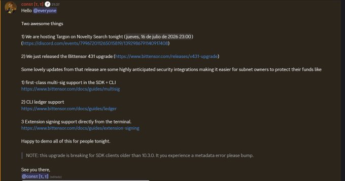 Discord/Telegram message from 'const.lt' announcing a Targon hosting event on Novelty Search and the Bittensor 431 upgrade, which adds multi-sig, CLI Ledger support, and extension signing.