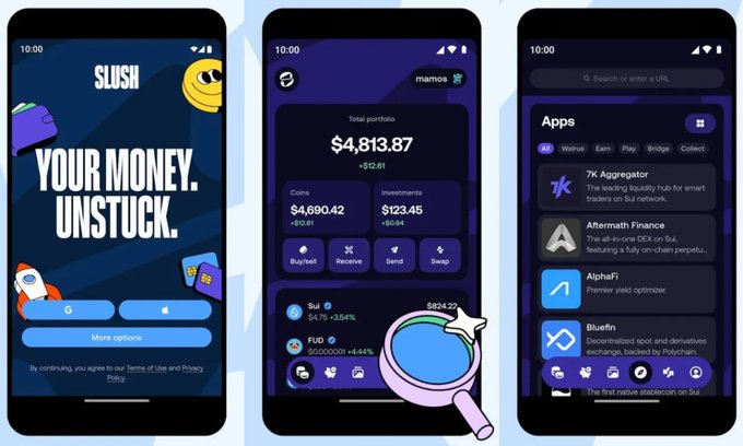 Three mobile app screens showcase a wallet application called 'SLUSH,' with the central screen highlighting a total portfolio of $4,813.87 and a magnifying glass over the 'Buy' button.