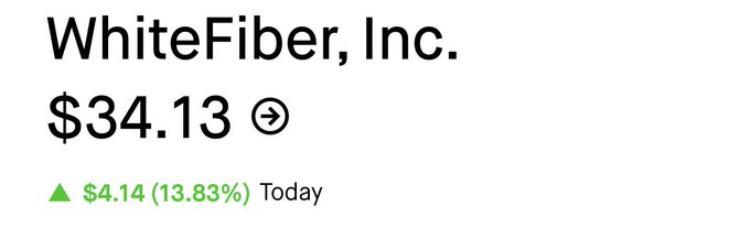 The image shows a screenshot of an app called "Whitefiber, Inc." that displays information about the company's financial performance for the day. The app provides details such as the number of shares sold, the price per share, and the total revenue generated from those shares. The app also includes a green arrow pointing to the current time displayed on the screen.