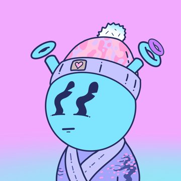A cartoon-style digital character wearing a pink brain-patterned beanie with a pom-pom and a heart patch, featuring abstract face markings, set against a pink and blue gradient background.