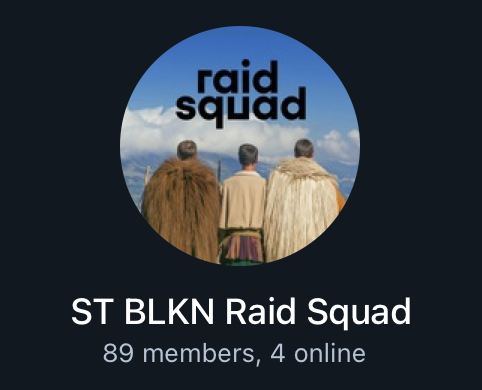 A Telegram group profile picture/icon for 'ST BLKN Raid Squad' featuring three figures in fur cloaks looking out at mountains, with '89 members, 4 online' displayed below.