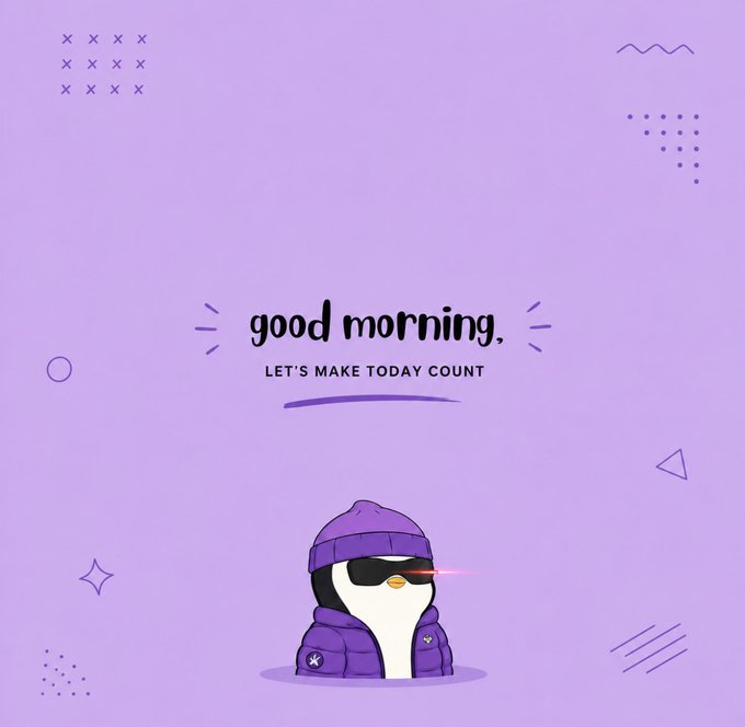 A purple background displays the text 'good morning, LET'S MAKE TODAY COUNT' above a cartoon penguin character wearing a purple beanie and puffer jacket with sunglasses.
