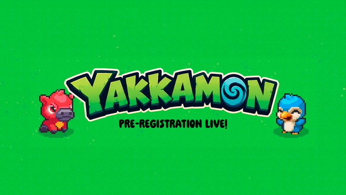 A green promotional banner for 'YAKKAMON' pre-registration, featuring pixel-art style red and blue monster characters on either side of the colorful logo.