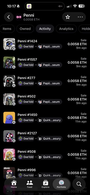 A screenshot of an OpenSea portfolio showing 8 "Penni" NFTs (all priced at 0.0058 ETH) recently sold by user "0xe1dd" to either "Papii...seum" or "Quirk...asury," with timestamps from 9-11 minutes ago, supporting the post thanking @RealPapii for purchasing @penni_crypto NFTs.