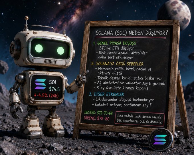 The image features a robot standing next to a chalkboard with the words "Solana" written on it. The robot has a green head, and its arms are extended outwards. The background of the image shows a planet or a starry night sky, which adds an interesting visual element to the scene. The post includes text in both English and Turkish that reads: "Solana (solana) solen en düşük?".