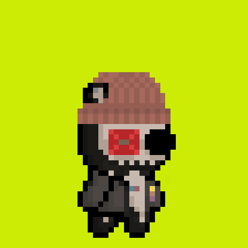 A pixel art character with a pink knit hat, red eyes, and dark clothing stands against a bright yellow-green background.