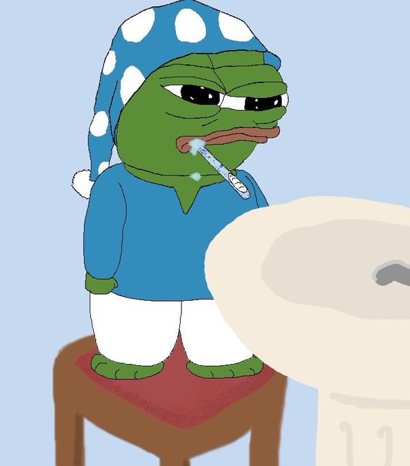 A cartoon image of the Pepe the Frog character wearing a blue polka-dot nightcap and blue shirt, standing on a stool with a thermometer in his mouth, looking unwell near a sink.