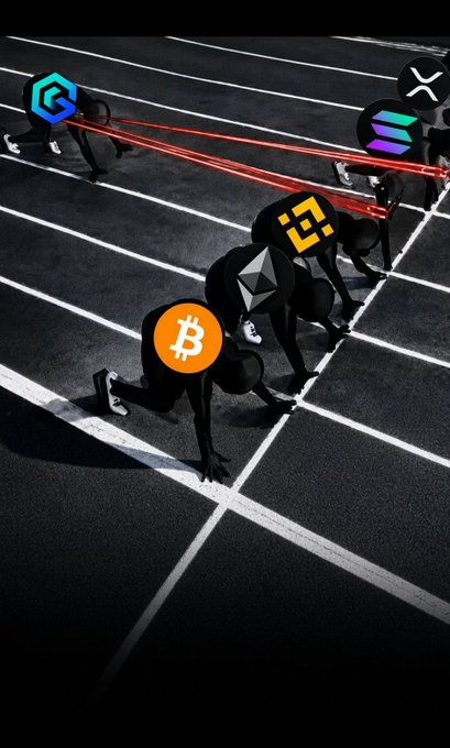 A stylized 3D render depicts figures in a sprinting race on a track, but with heads replaced by cryptocurrency logos including Bitcoin (₿), Ethereum, Solana, and XRP.