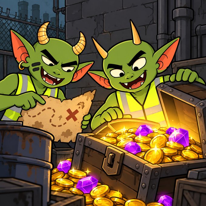 A cartoon illustration shows two mischievous green goblins wearing yellow safety vests examining a treasure chest overflowing with gold coins and purple gemstones, with one holding a treasure map marked with an X.