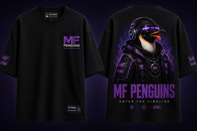 Front and back views of a black 'MF PENGUINS' t-shirt featuring a cyberpunk-style penguin character in purple and black tactical gear with the tagline 'ENTER THE TIMELINE'.