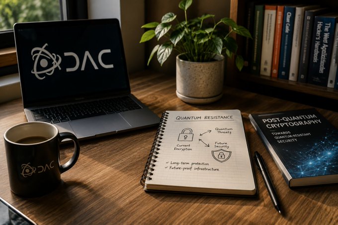 A desk setup with a 'QAC' branded laptop and mug, a potted plant, books on shelves, and a notebook detailing 'Quantum Resistance' with notes on current encryption and quantum threats, alongside a 'Post-Quantum Cryptography' book.