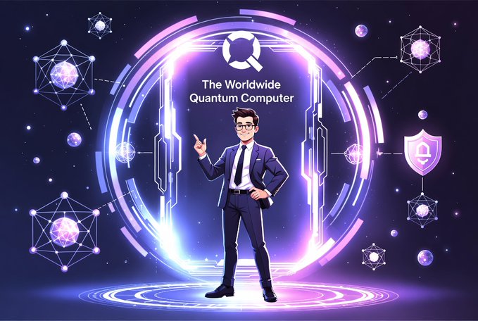 An illustration of a man in a suit pointing upward in front of a glowing purple portal labeled 'The Worldwide Quantum Computer', surrounded by floating geometric shapes.