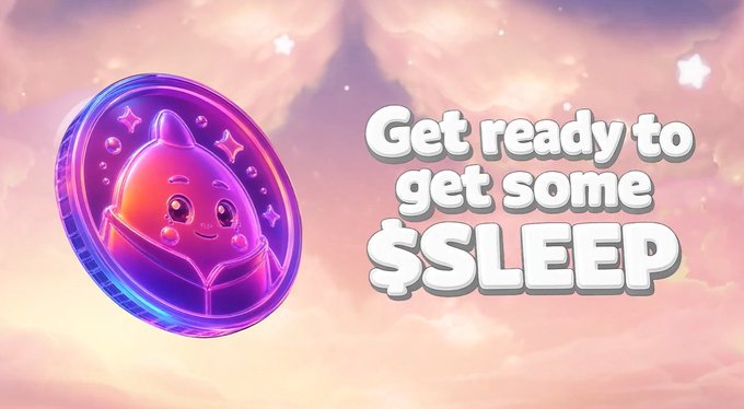 The image features a coin with a cute cartoon character on it that says "Get ready to get some sleep" written below it. The text is in white against a pink background, making it stand out. The coin appears to be floating in space or hovering above an alien head, adding a whimsical touch to the overall design of the image.