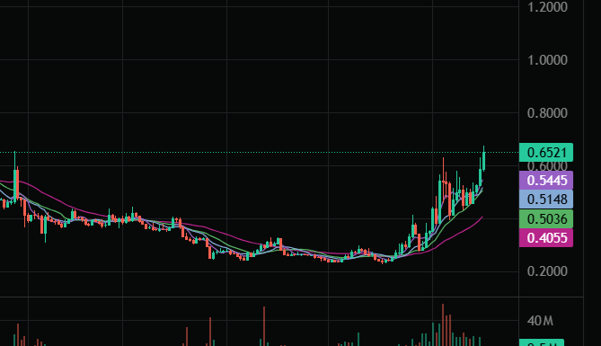 A black line graph on a screen shows the price change of a cryptocurrency called WLD over time, with periods of decline followed by upward trends. The upward trend continues as it climbs back up to about $0.66 today. This suggests that although WLD had a rough time last month due to lock pressure and market sentiment, it has recovered since then.