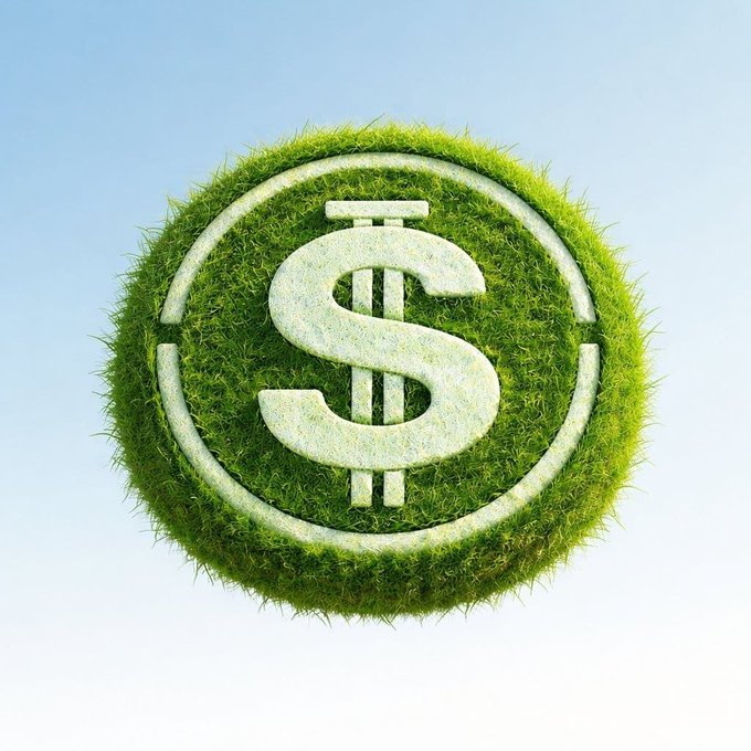 A 3D rendering of a dollar sign symbol enclosed in a circle, made of green grass and a light-colored core, floats against a clear blue sky.