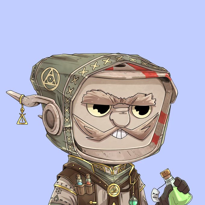 A digital illustration of a cartoonish alchemist or merchant character with a large mustache, wearing a hood adorned with X-shaped stitching and a triangular symbol, holding a flask of glowing green liquid.