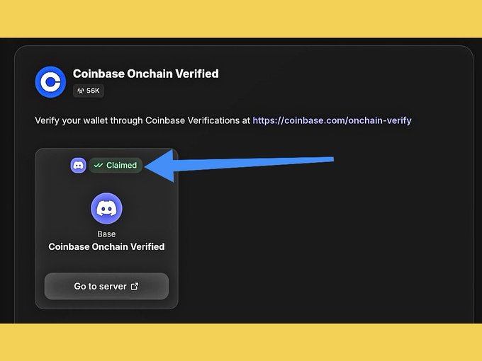 A Discord interface displays the "Coinbase Onchain Verified" role with a member count of 56K, featuring a green "Claimed" badge highlighted by a blue arrow, alongside the message "Verify your wallet through Coinbase Verifications at https://coinbase.com/onchain-verify" and a "Go to server" button. This visual reinforces the post's claim that only 56K wallets have secured the Coinbase Onchain Verified role for potential $BASE allocation, urging users to claim it through guild.xyz/base.
