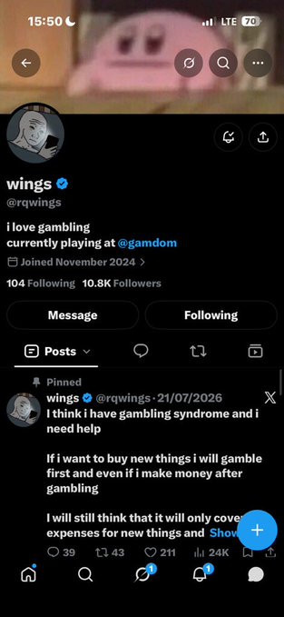 A screenshot of an X (Twitter) profile for "wings" (@rqwings) who has admitted to gambling and is seeking help, stating "i love gambling, currently playing at @gamdom" and explaining they gamble when wanting to buy new things, with 10.8K followers.