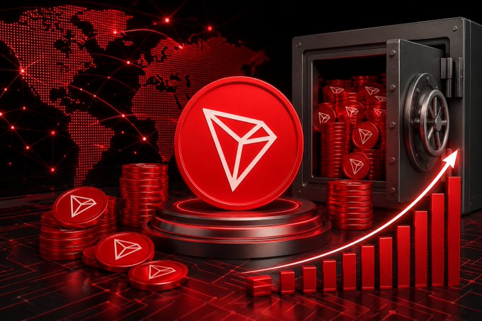 The image showcases the TRON (TRX) cryptocurrency logo prominently displayed on a podium, surrounded by stacks of TRX coins, a secure vault filled with tokens, a world map graphic, and an ascending bar chart with a rising arrow—all rendered in bold red tones symbolizing growth and global reach. This visual reinforces the post's message about the TRON Virtual Machine (TVM), highlighting its EVM compatibility and optimization capabilities as key drivers for deploying advanced decentralized applications and expanding TRON's ecosystem worldwide.