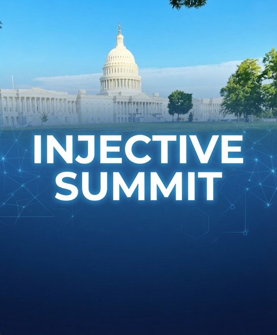 A promotional graphic for the 'INJECTIVE SUMMIT' featuring an image of the U.S. Capitol building overlaid with a blue digital network pattern.