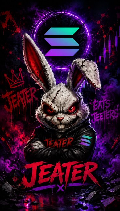 A dark edgy poster of a menacing white rabbit with glowing red eyes wearing a leather jacket, with 'JEATER' branding and the Solana logo prominently displayed.